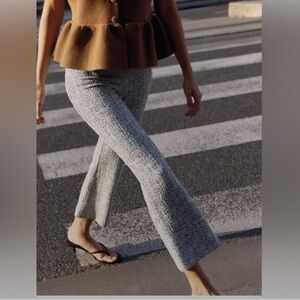 ZARA Textured Tweed Knit Cropped Mini Flare Pants Blue White High Rise Womens S